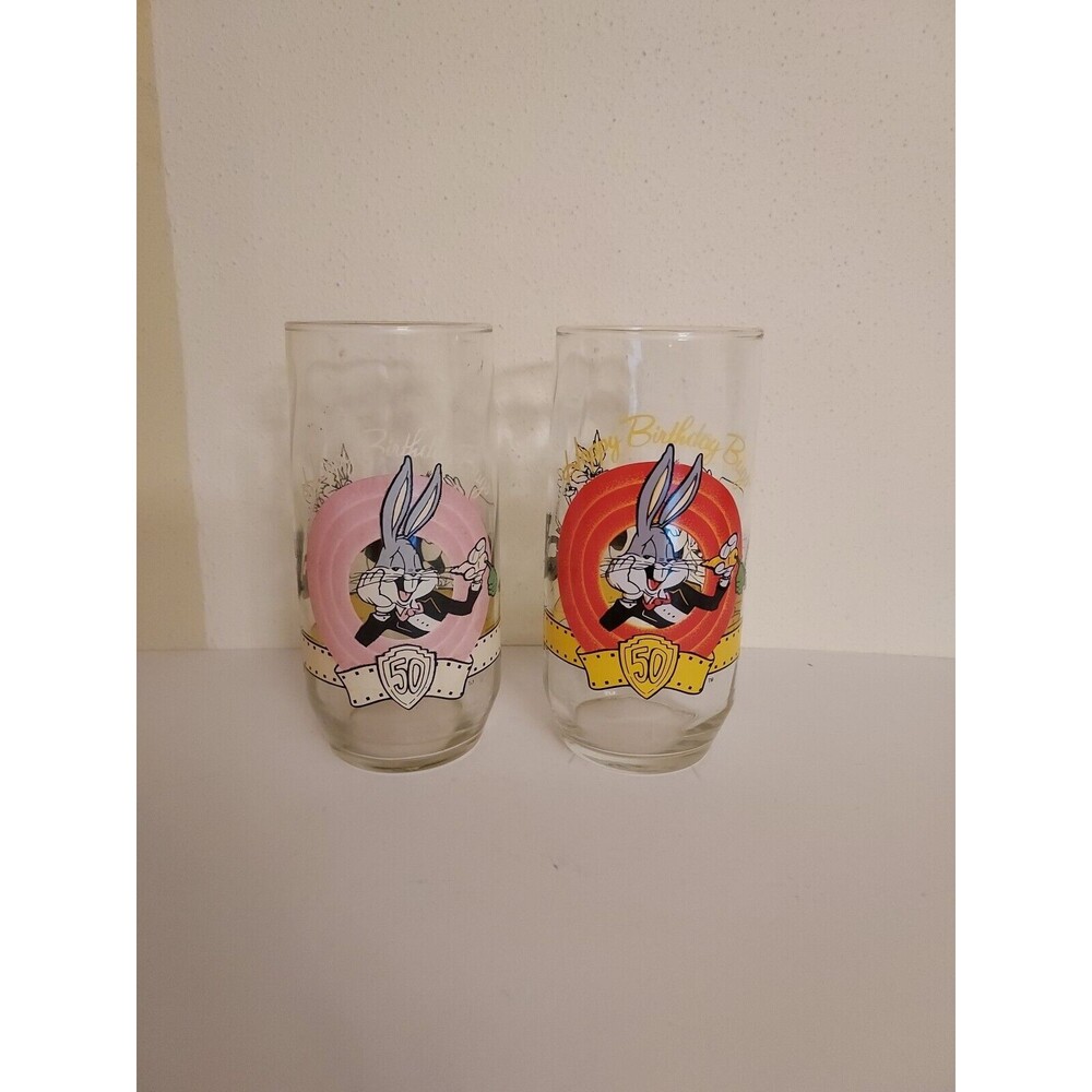 Bugs Bunny Happy 50th Birthday 1990 Warner Bros Glasses Looney Tunes - Set of 2